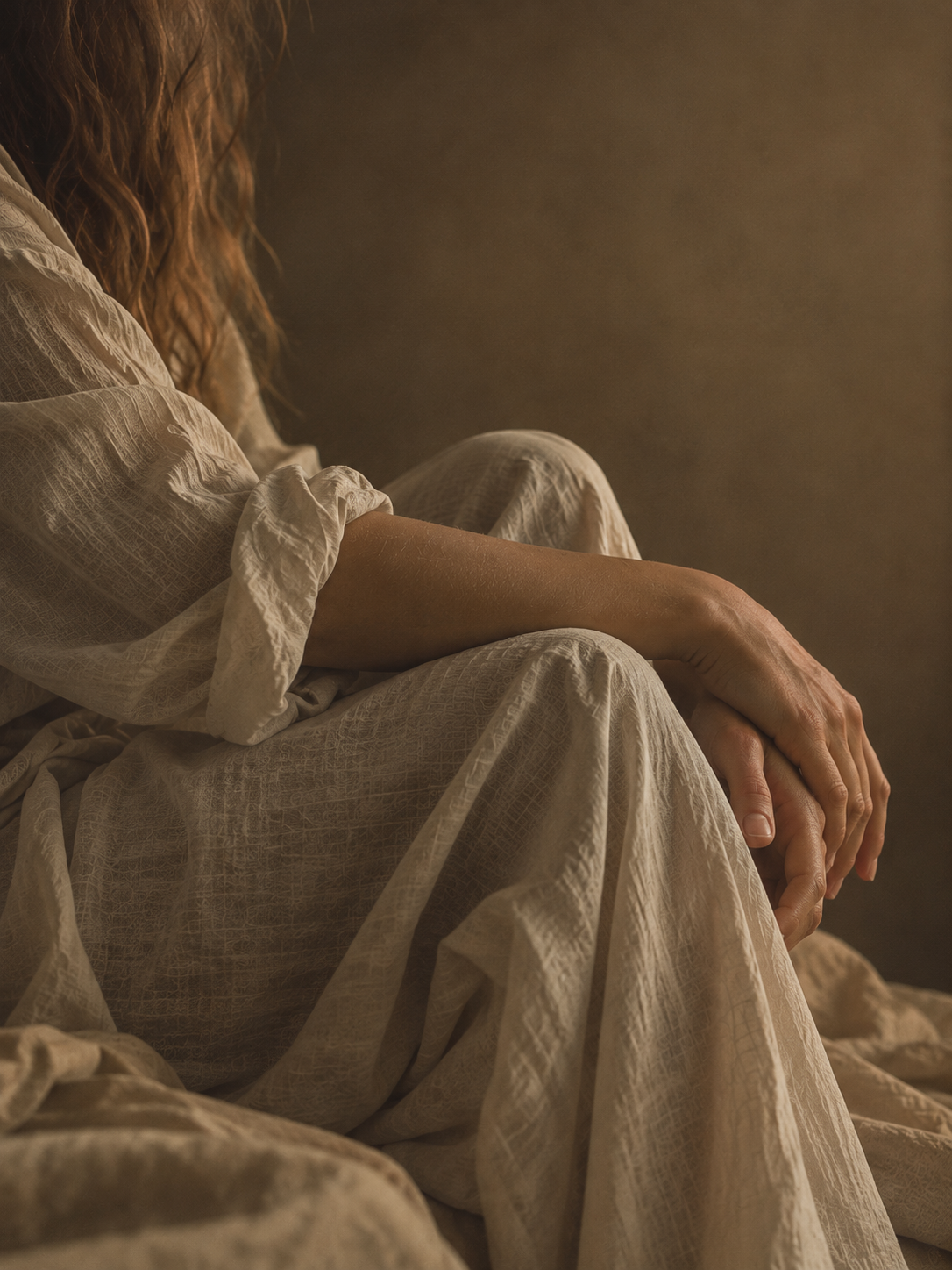 A person with long, wavy hair sitting, wearing a light-colored, textured, loose-fitting dress, with their hands resting on their lap against a plain, warm-toned background.