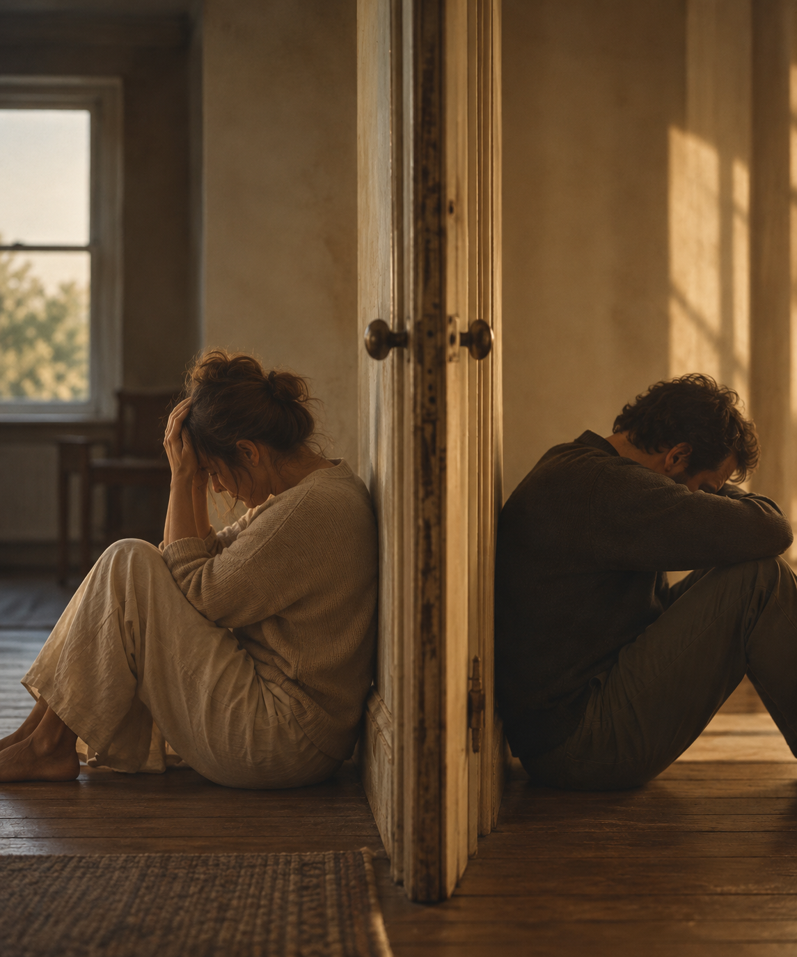 A woman and a man sitting on the floor, leaning against a wall and a door respectively, with their heads bowed and hands on their heads, appearing distressed or sad in a warmly lit room.