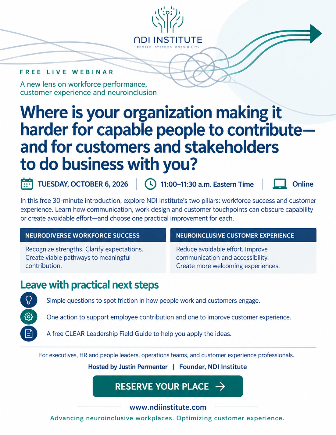 Flyer for a free live webinar hosted by NDI Institute about workforce performance and neuroinclusion, scheduled for October 6, 2026, online from 11:00 to 11:30 a.m. Eastern Time.