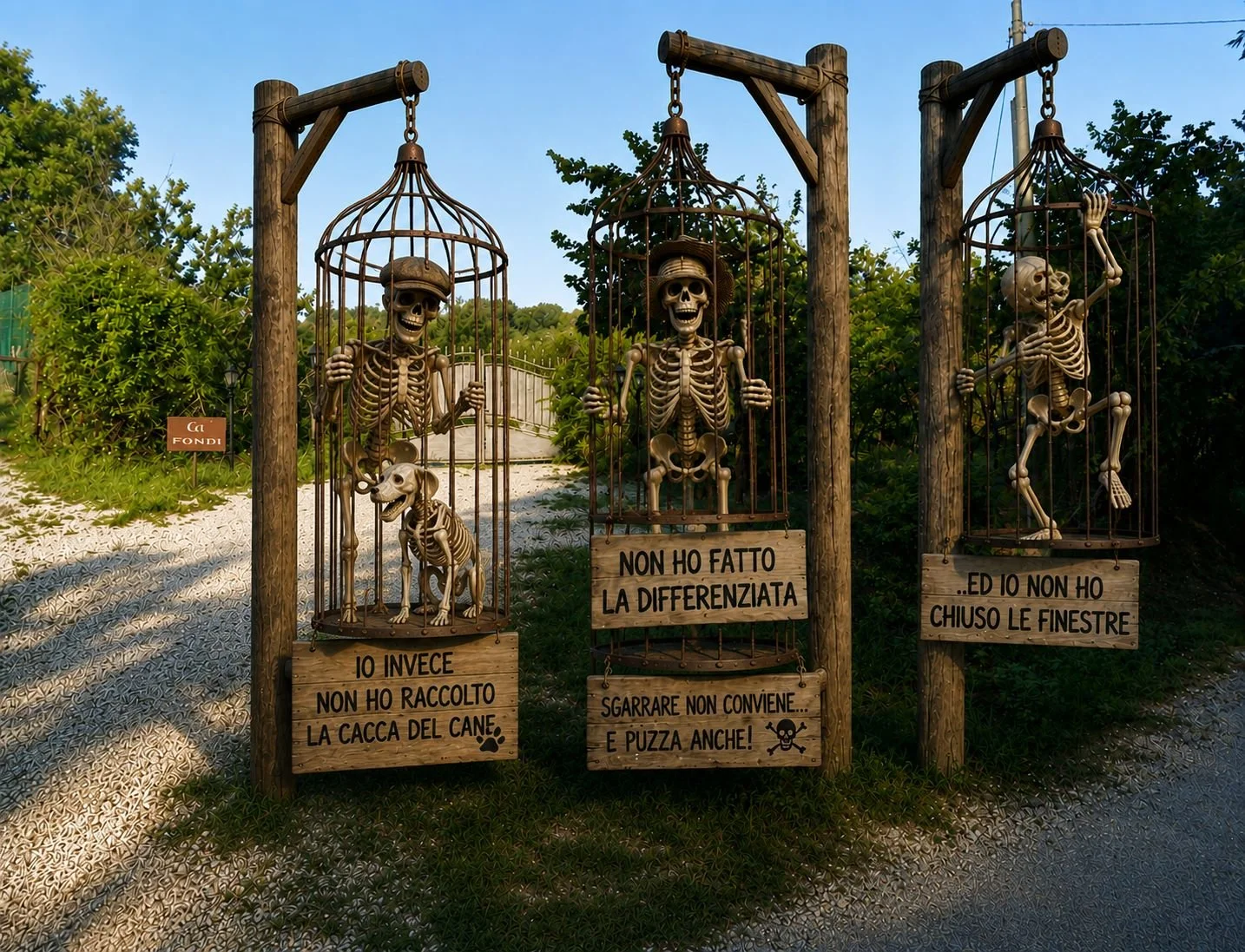 Scheletri di Halloween in gabbie di ferro appese a un'asta di legno, con cartelli con frasi ironiche, in un giardino con vegetazione e strada di sabbia.