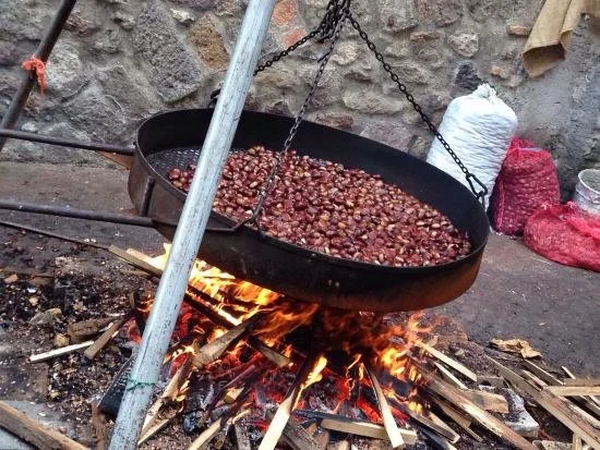 Cottura di castagne su brace aperta con un grande tegame sospeso sopra il fuoco.