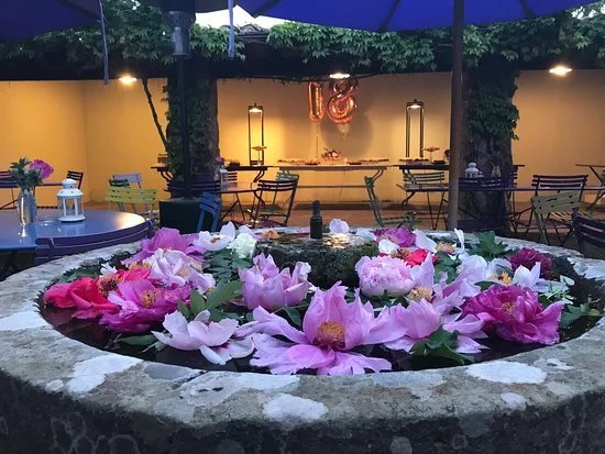 Fioriera di pietra con fiori di loto rosa e bianco