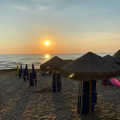 Spiaggia con ombrelloni di paglia e sedie colorate al tramonto sul mare.
