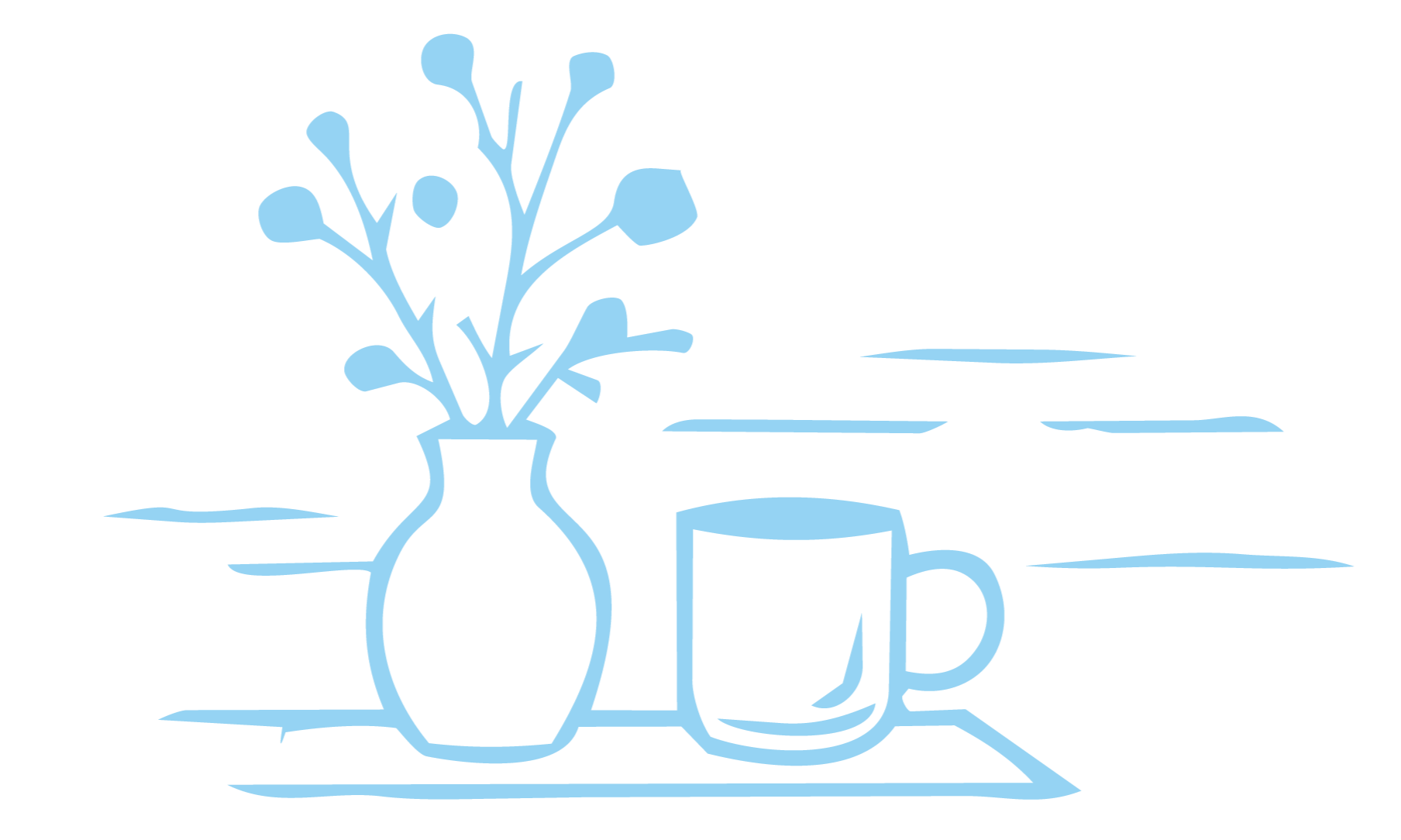 A simple line drawing of a table with a vase holding flowers, a mug, and a rectangular item, set against a background of horizontal lines representing a window or scenery.