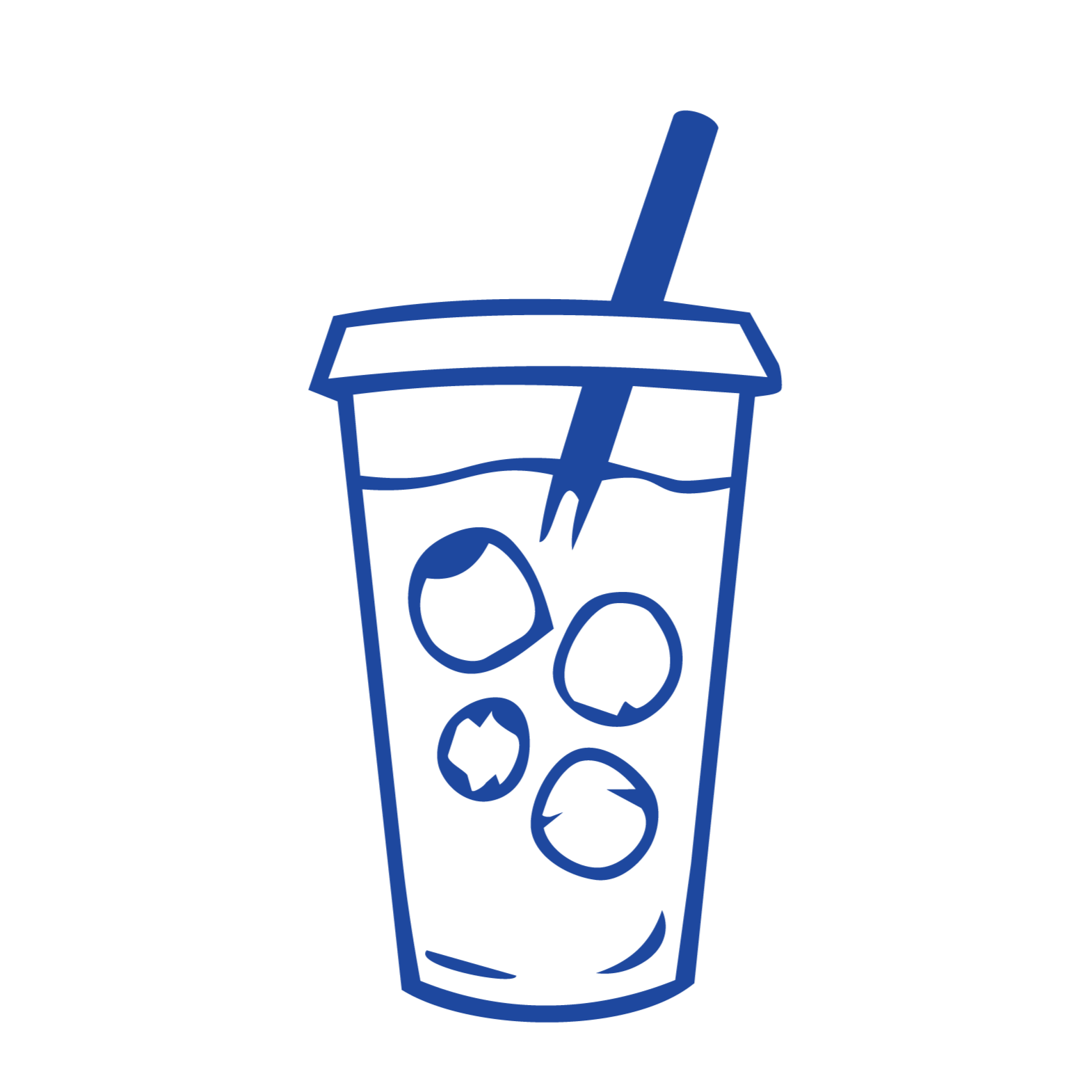Outline drawing of a glass filled with ice cubes and a straw.