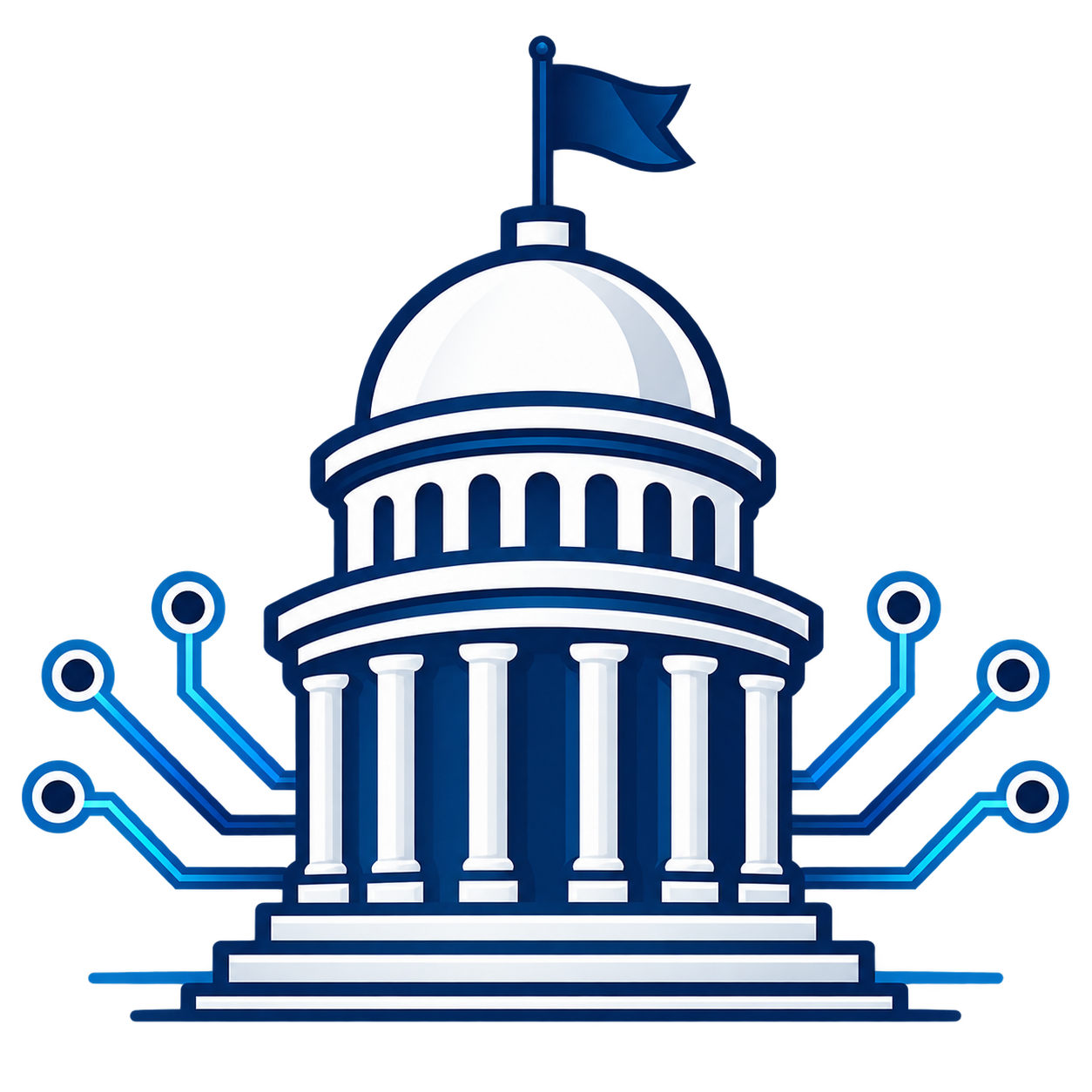 Federal and Public Sector icon depicting a government capitol building integrated with digital circuitry, representing government modernization, AI governance, cybersecurity, digital transformation, and mission-focused technology advisory services.