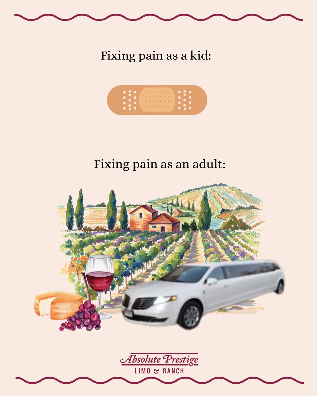 Kids need band aids - Adults need a smooth limousine ride, fun with friends &amp; a wine tour 🍷🍇 We get it!
&bull;
Book your wine tour with Absolute Prestige while you still can!
Visit www.aplimo.com or Call Us @ (970)-858-8500 📲
&bull;
#winetour 