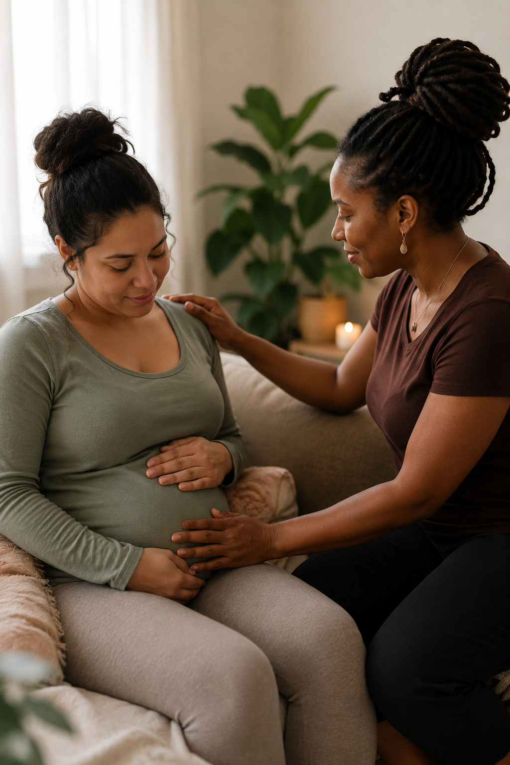 A pregnant woman sitting on a couch with her eyes closed, gently touching her belly, while a woman with dreadlocks and a brown shirt sits beside her, touching her belly and offering comfort. They are in a warmly lit living room with a large green plant and a lit candle in the background.