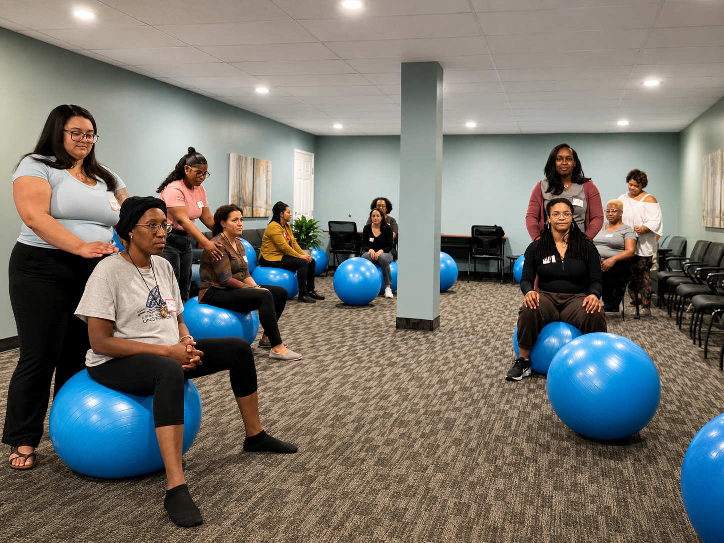 Women participating in a seated exercise class with blue stability balls in a room with light green walls and dark carpet.