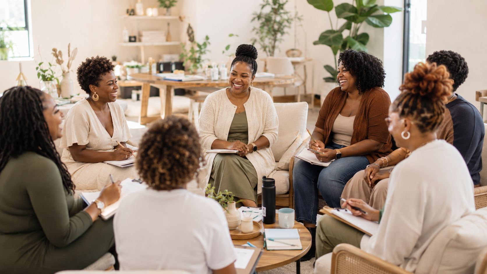 A diverse group of women sitting in a circle during a meeting or discussion in a cozy, well-lit room.