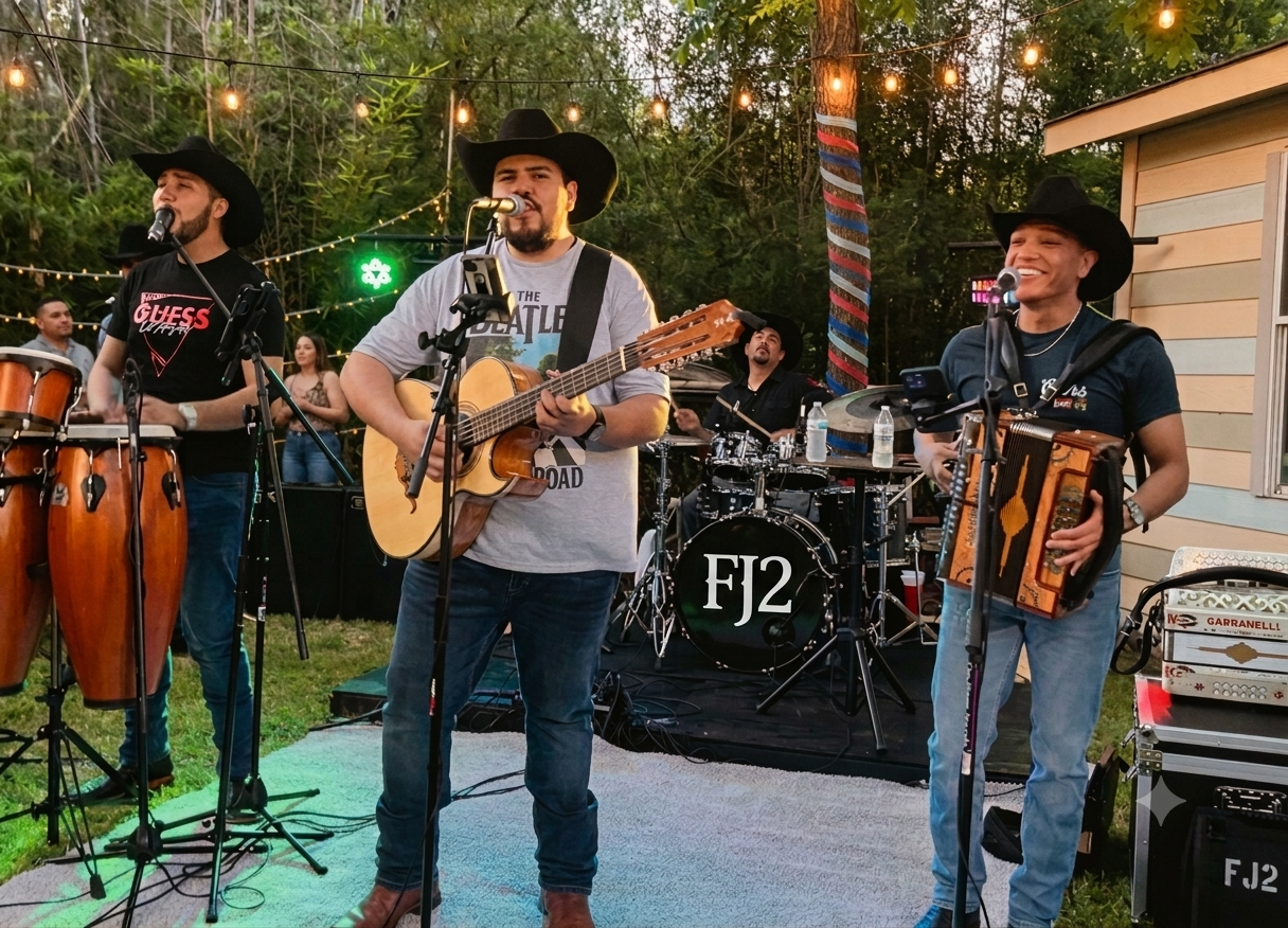 A four-member band performing outdoors at dusk with string lights overhead. The lead singer is playing an acoustic guitar and singing into a microphone. To his right, a woman is playing an accordion and singing. To his left, a man on bongos is also singing into a microphone. In the background, a drummer is playing at a drum set labeled "FJ2." The scene is festive and relaxed, set in a backyard or garden area with trees and a small building.