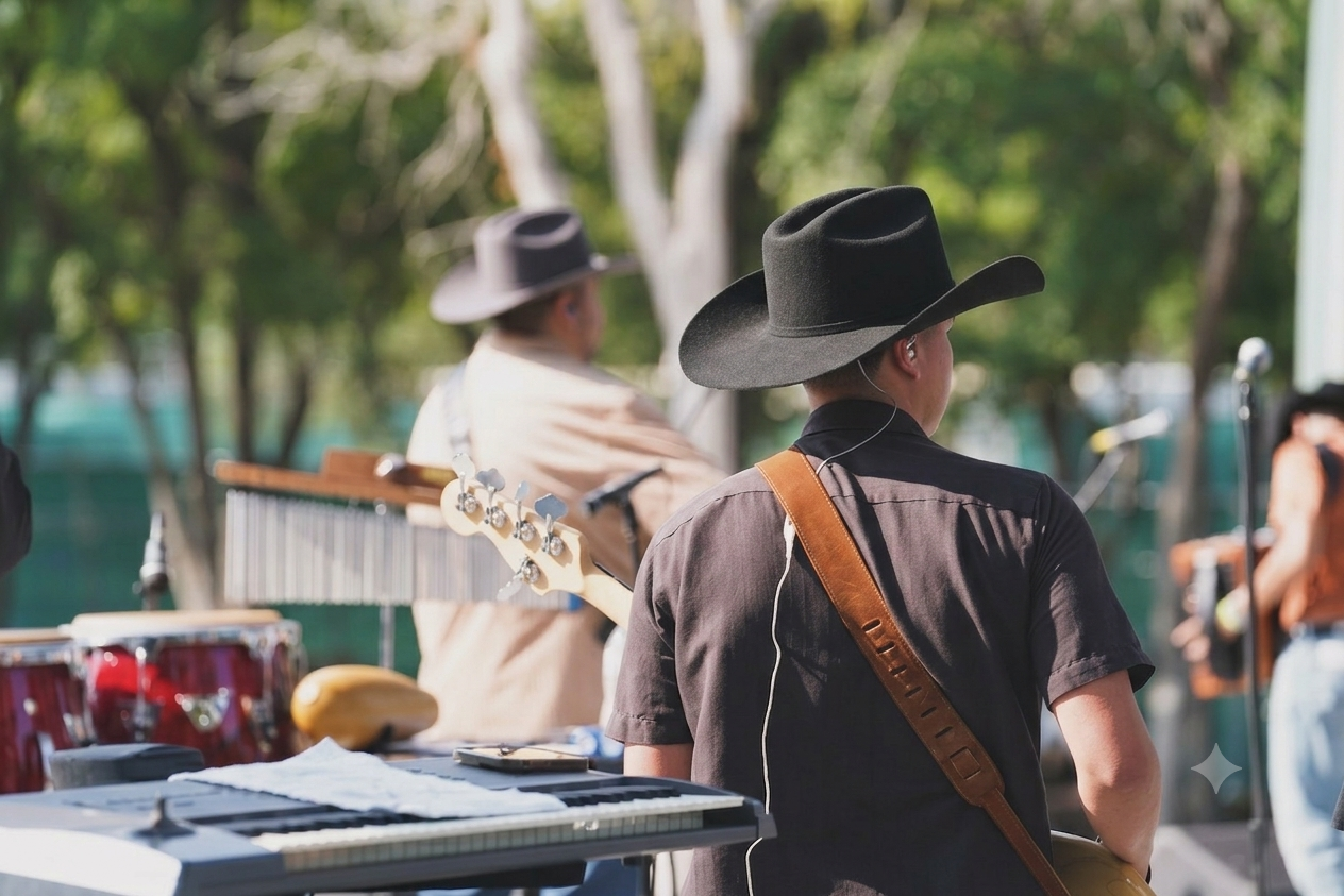 Musicians performing outdoors, wearing black hats and casual clothing, with trees in the background.