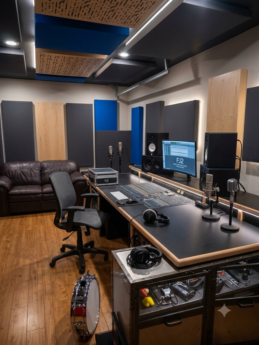 A professional music recording studio control room with a large mixing console, studio monitors, a computer screen displaying audio tracks, acoustic panels on the walls, and various audio equipment, with a brown leather sofa and a black office chair.