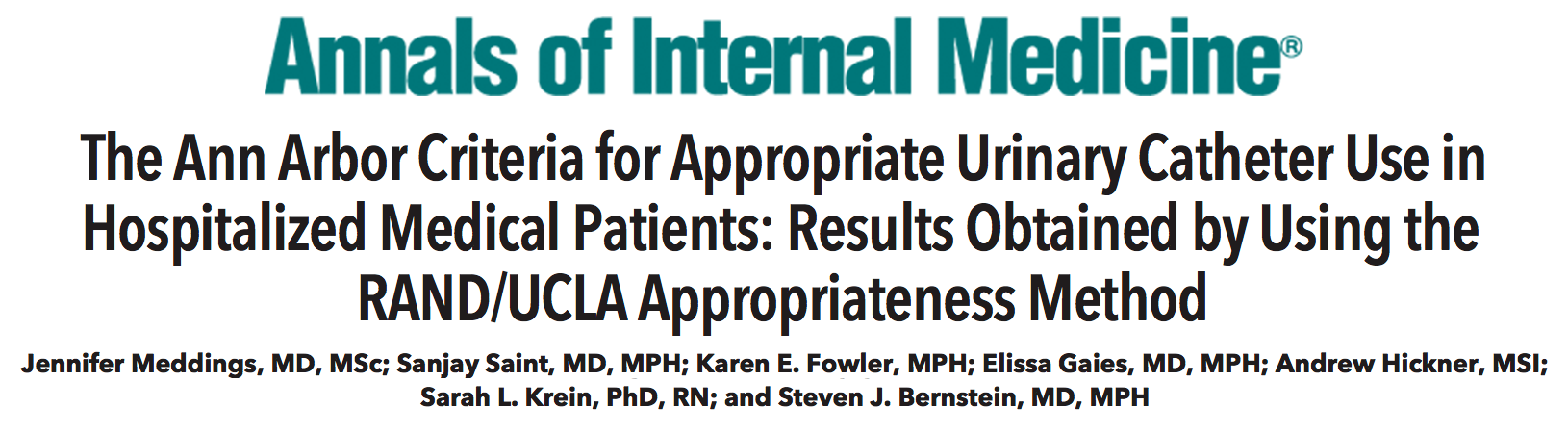 Title page of a medical journal article from Annals of Internal Medicine about appropriate urinary catheter use in hospitalized patients.
