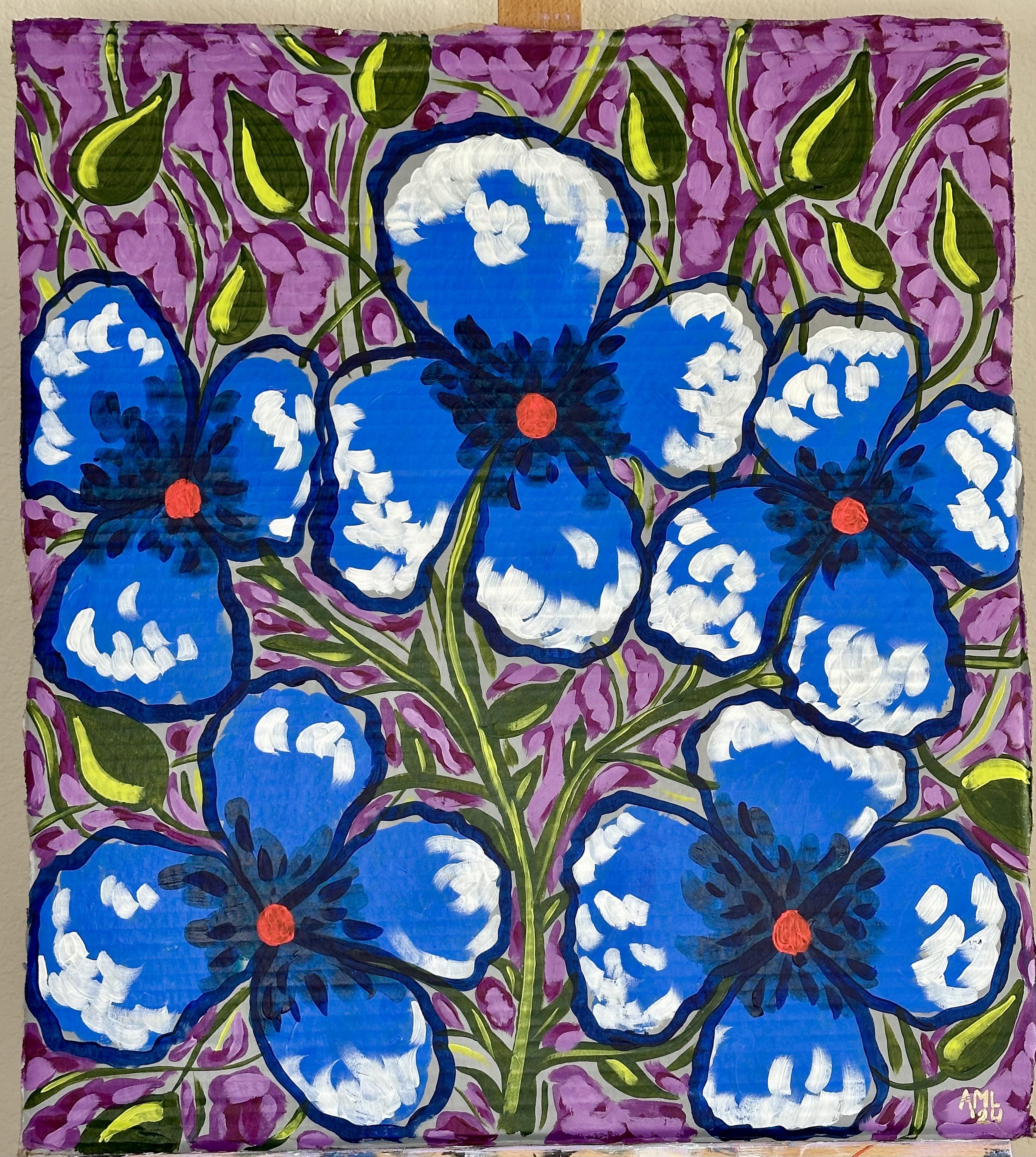 Blue flowers on a purple background painting, based off the artist's grandfather's work.