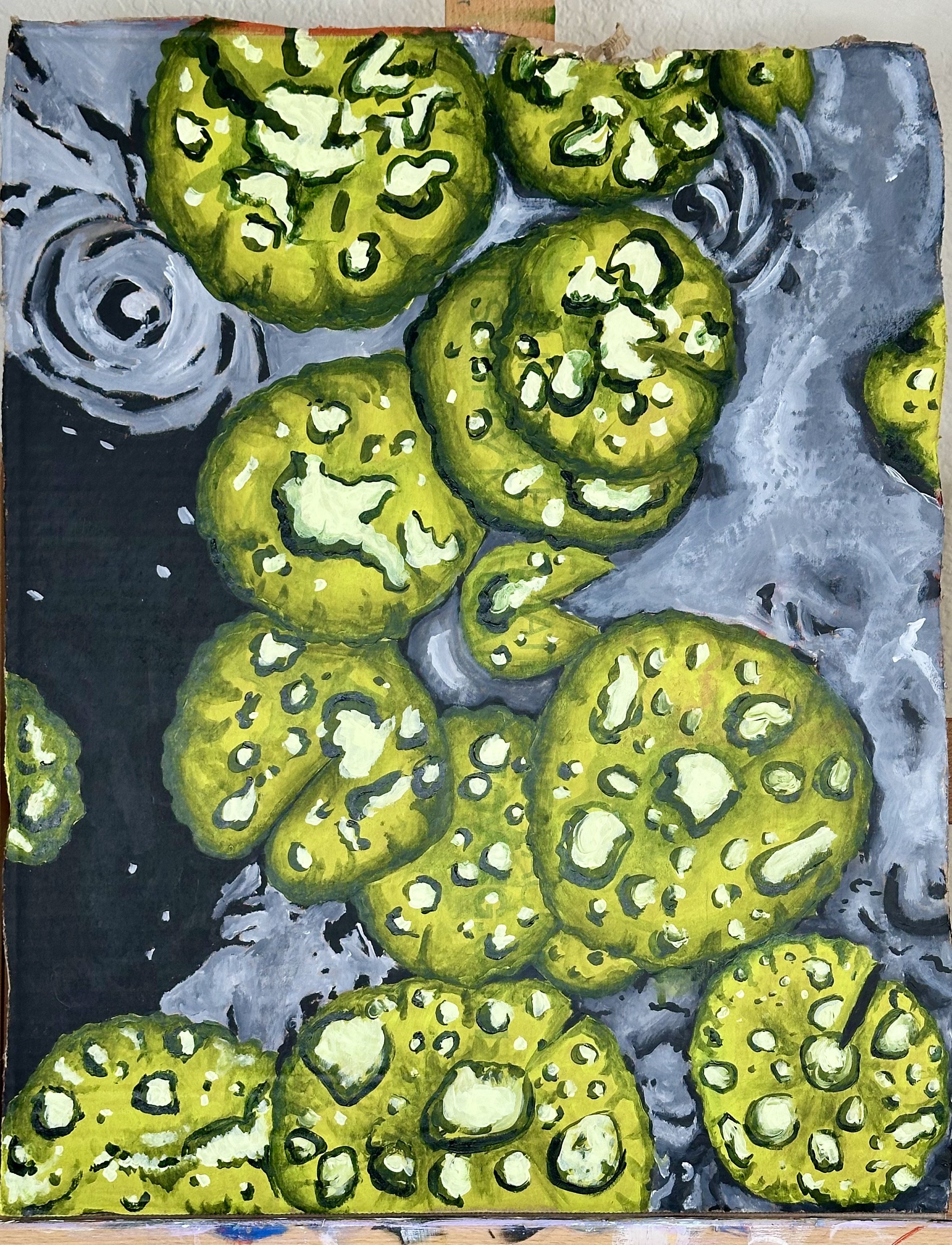 Lilly pad painting on cardboard part of the "Moving Box Art" exhibition by Alexis Lyons at the Studios of Key West.