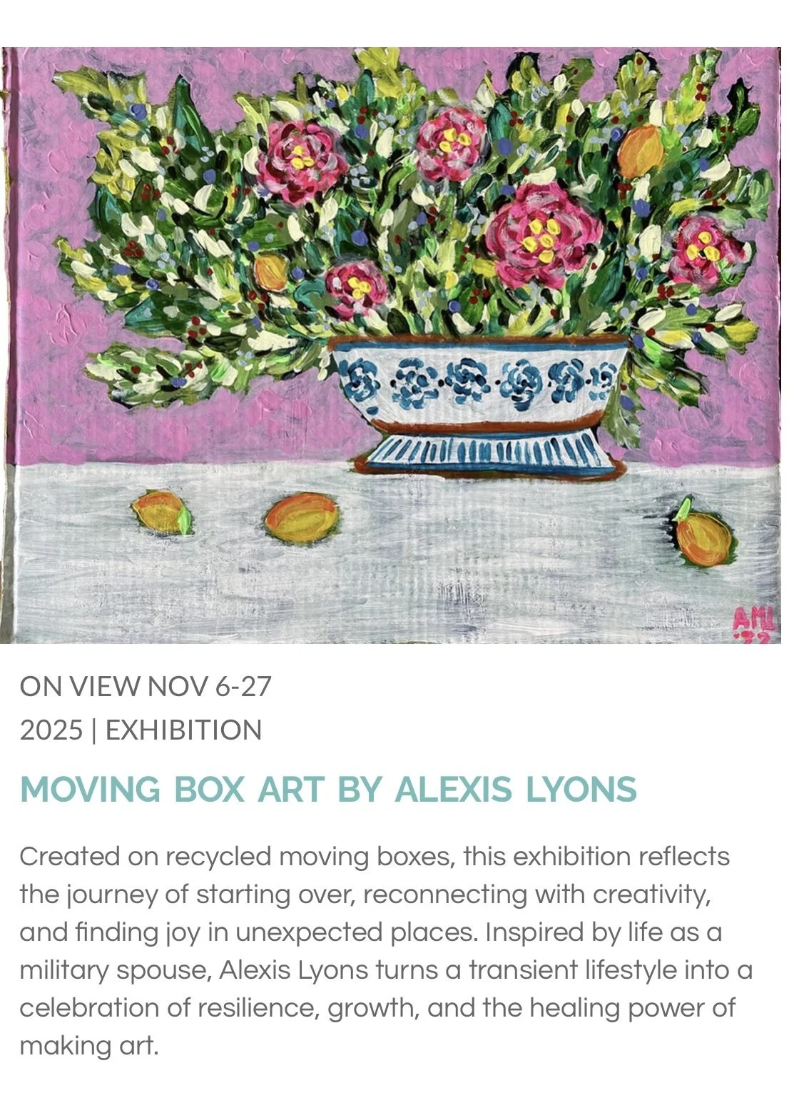 Image of a a still life with bold color painted on cardboard by Alexis Lyons as part of the exhibit Moving Box Art at the Studios of Key West.
