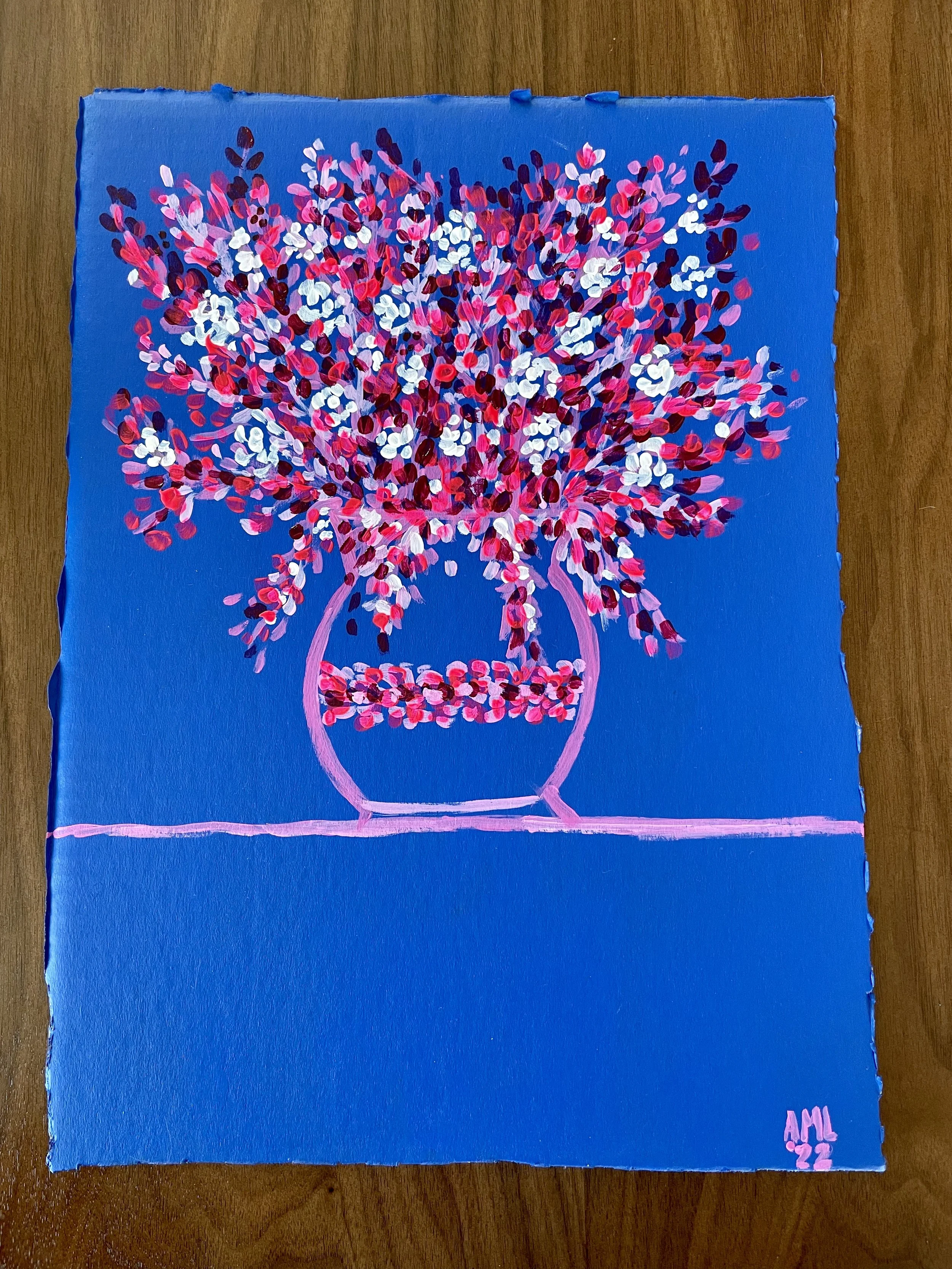 Pink, red, and white still life on a blue background painting.