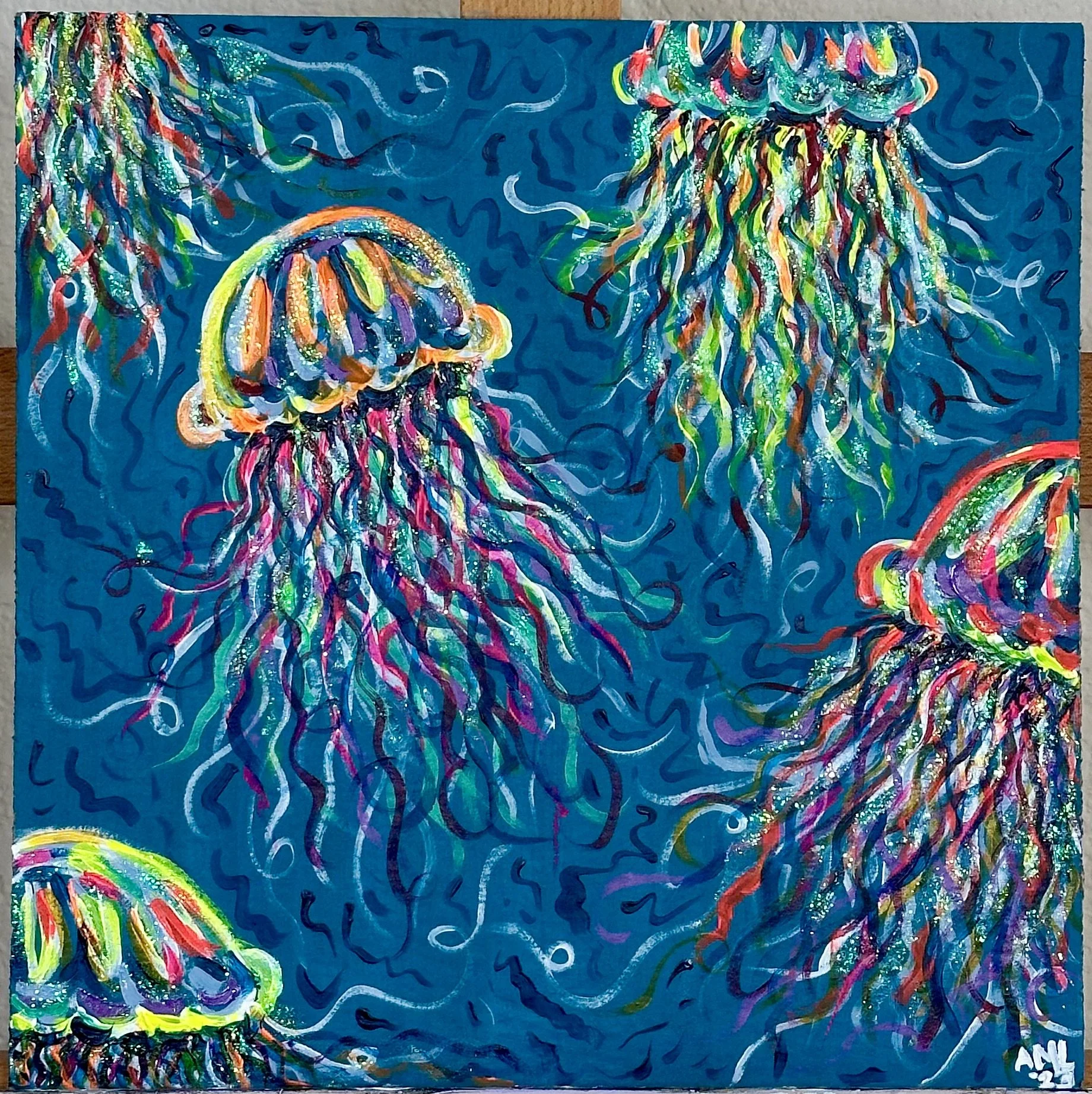 Neon jellyfish on a turquoise background painting. 