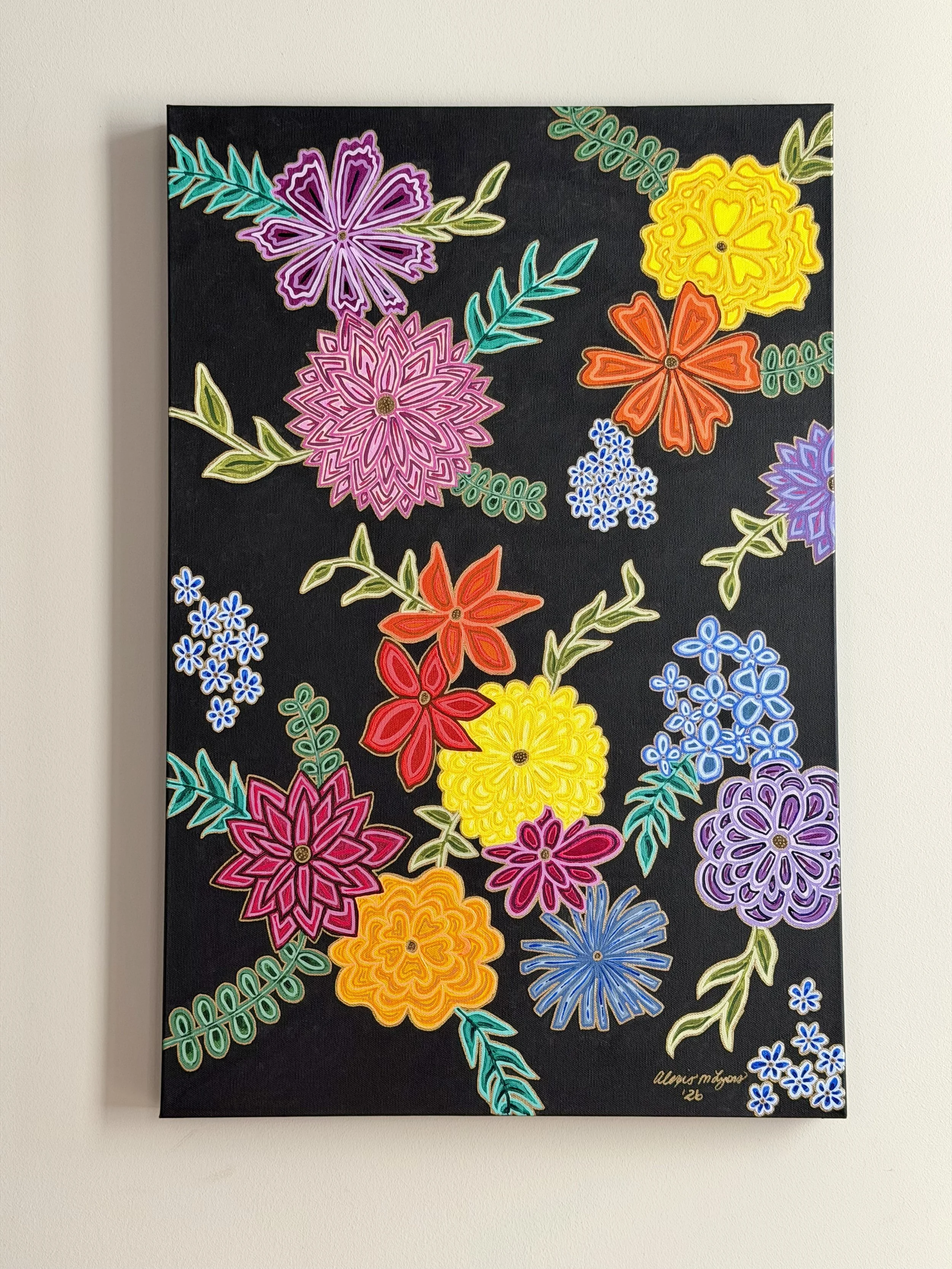 Bold, floral painting with detailed line work by Alexis Lyons.