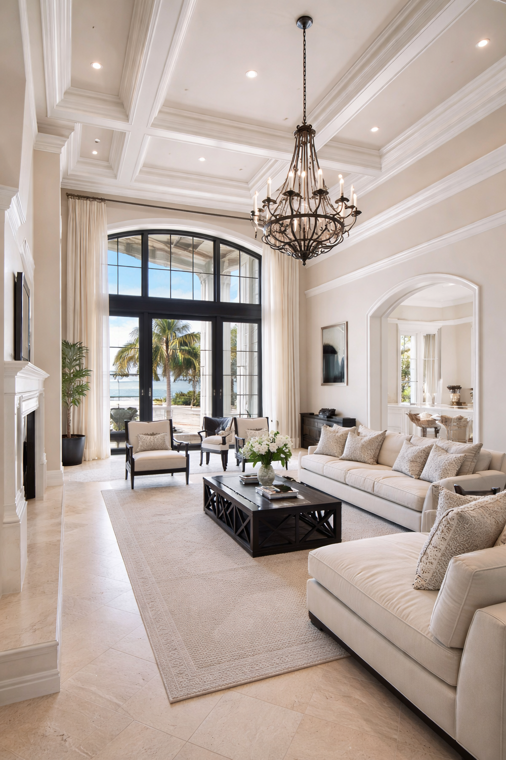 Living room with large arched window showing a view of palm trees and water, featuring a chandelier, beige sofas, armchairs, coffee table, and light-colored walls.