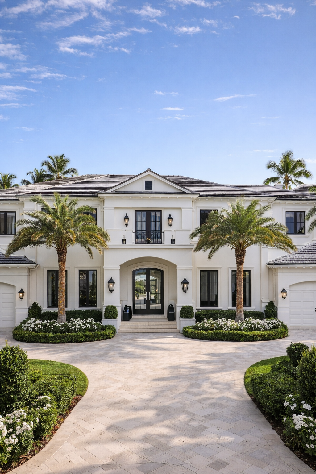 Front view of a white two-story house with black accents, surrounded by palm trees, with a paved driveway and landscaped garden with white flowers and green bushes under a partly cloudy sky.