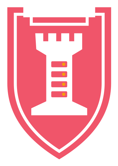 A red heraldic shield with a white castle tower in the center, featuring a crenellated top and four yellow dots across the middle.