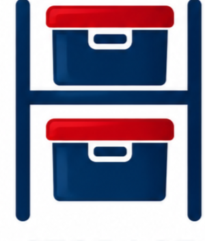 Two blue storage bins with red lids on a white metal shelf.
