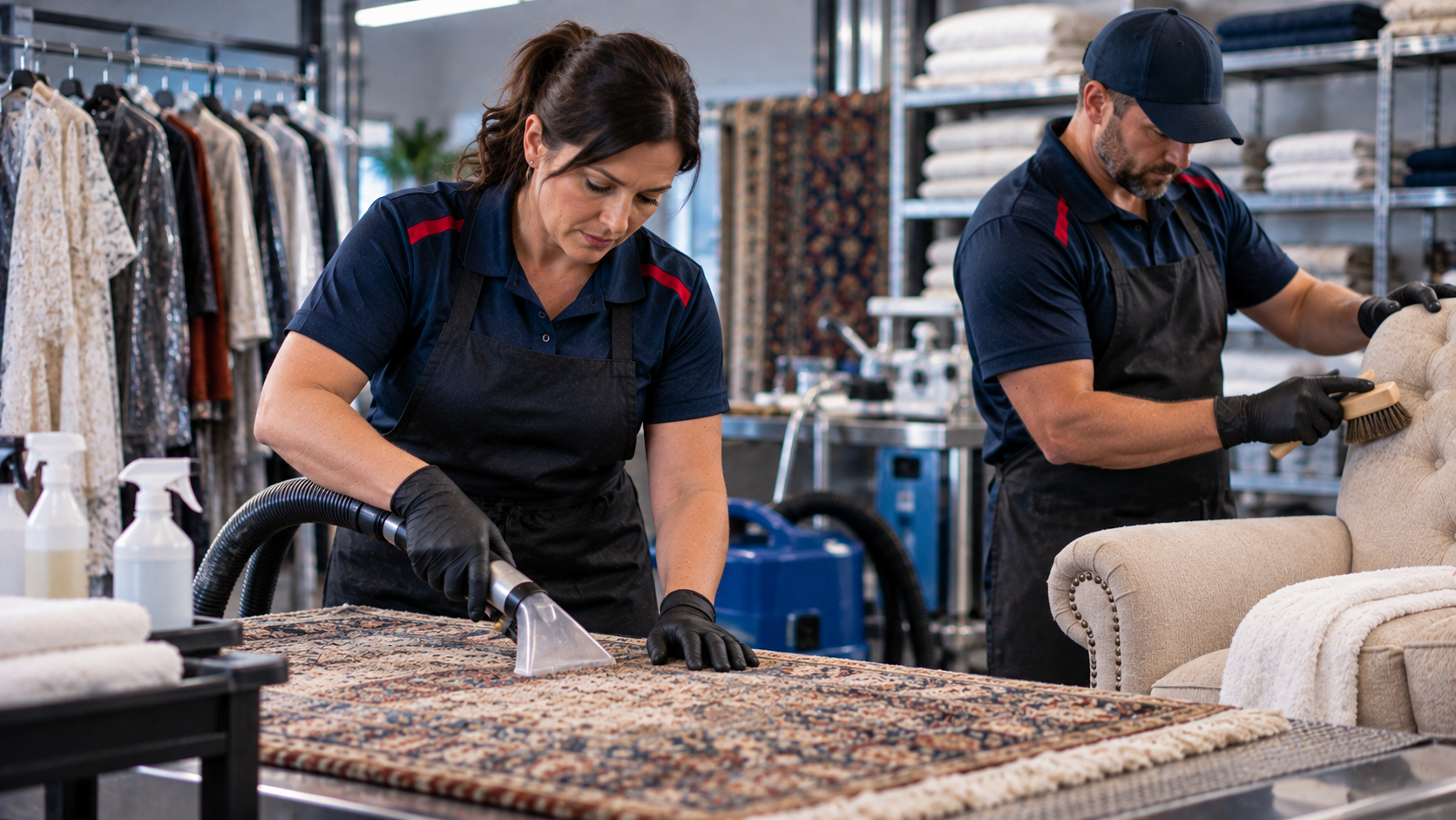 Two people cleaning and restoring a patterned area rug in a fiber or carpet cleaning shop, with shelves of fabrics and furniture in the background.