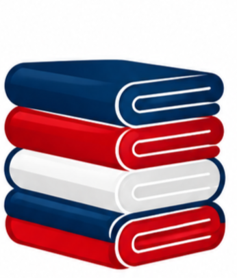 Stacked folded towels in red, white, and blue colors.