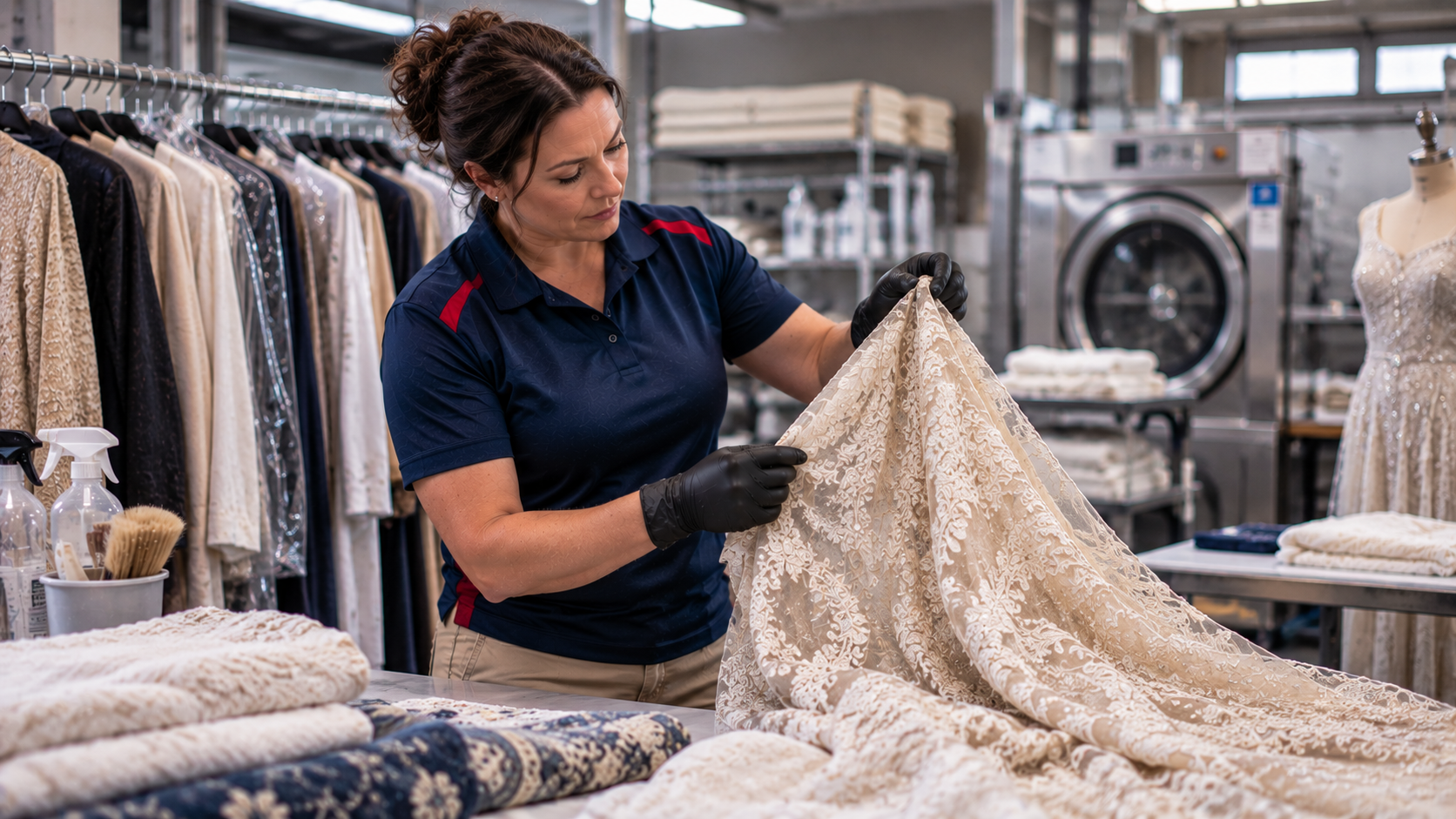 A woman wearing black gloves inspects a lace fabric in a textile workshop with racks of fabric and sewing equipment in the background.