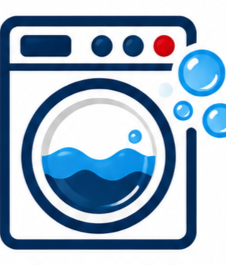 Illustration of a washing machine with bubbles and water inside.
