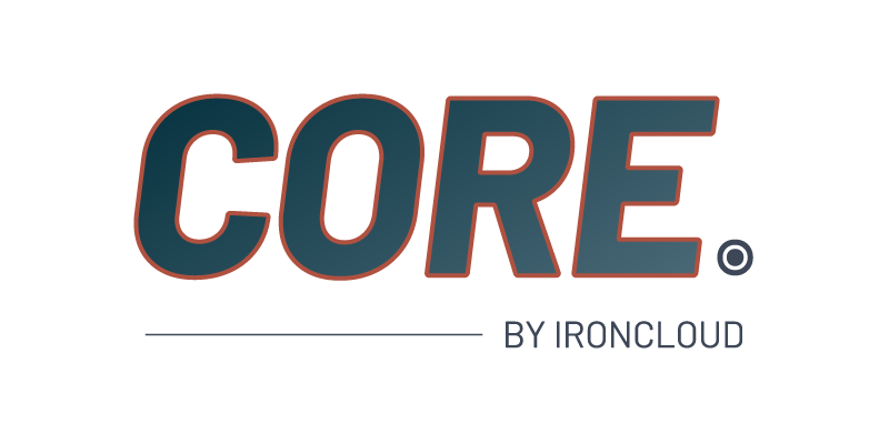 Close-up of a logo with the word 'CORE' in bold, dark teal letters over a reddish-brown background.