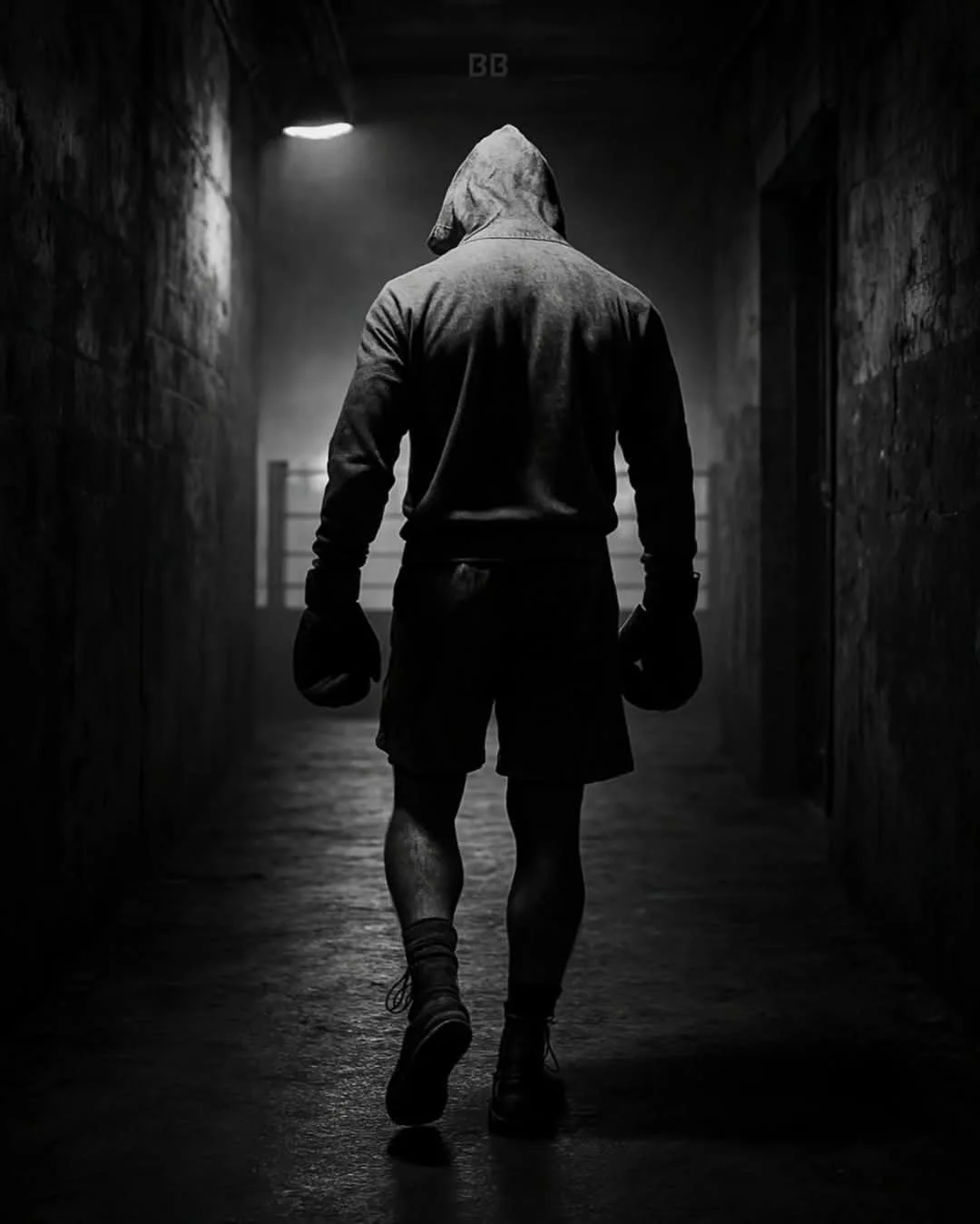 A muscular man walking in a dimly lit corridor, wearing a hoodie, shorts, and boxing gloves, with a boxing glove in each hand.