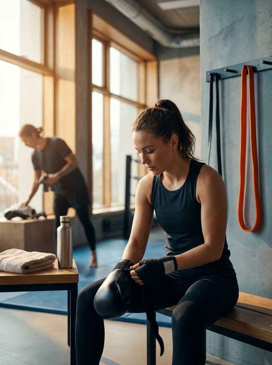 A woman wearing a blue athletic outfit and boxing gloves, sitting on a bench in a gym, adjusting her gloves. Another woman is in the background near a window, organizing gym equipment.