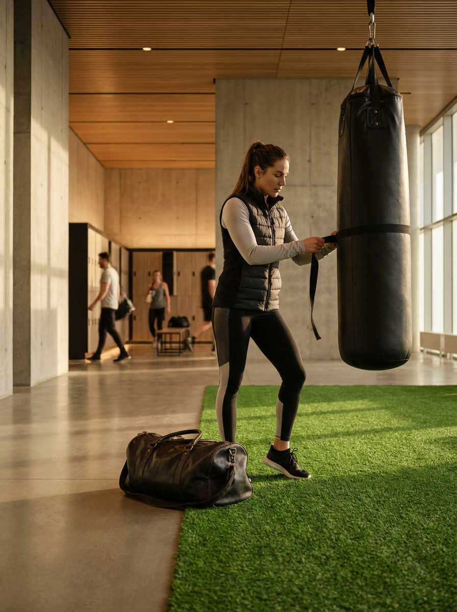 A woman in workout clothes adjusting a hanging punching bag in a modern gym. There is a leather duffle bag on the floor and others in the background.