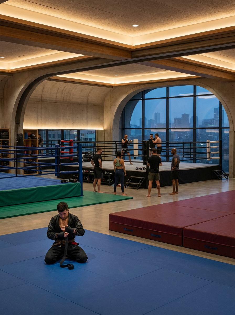 People training in a martial arts gym with a boxing ring and city skyline in the background.
