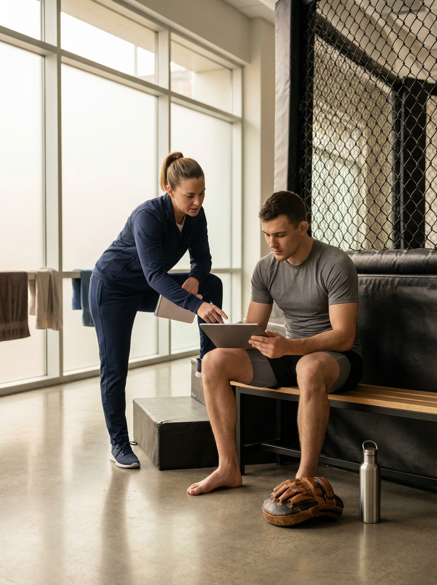 A female coach or trainer in athletic gear talking to a young male athlete sitting on a bench, wearing a gray t-shirt and shorts, holding a tablet. The athlete has a baseball glove and water bottle nearby in an indoor gym with large windows.