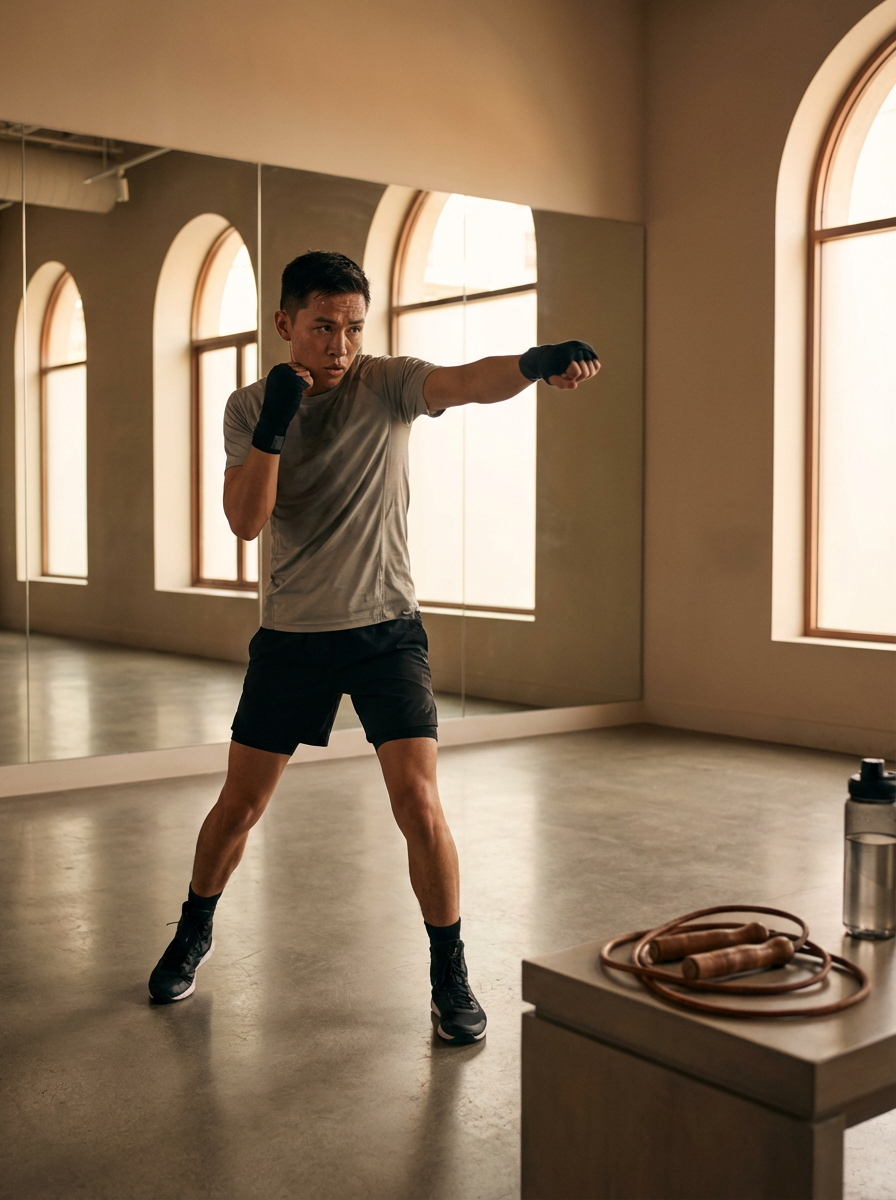 Man practicing boxing in a gym with large arched windows, wearing gray shirt and black shorts, in a fighting stance.