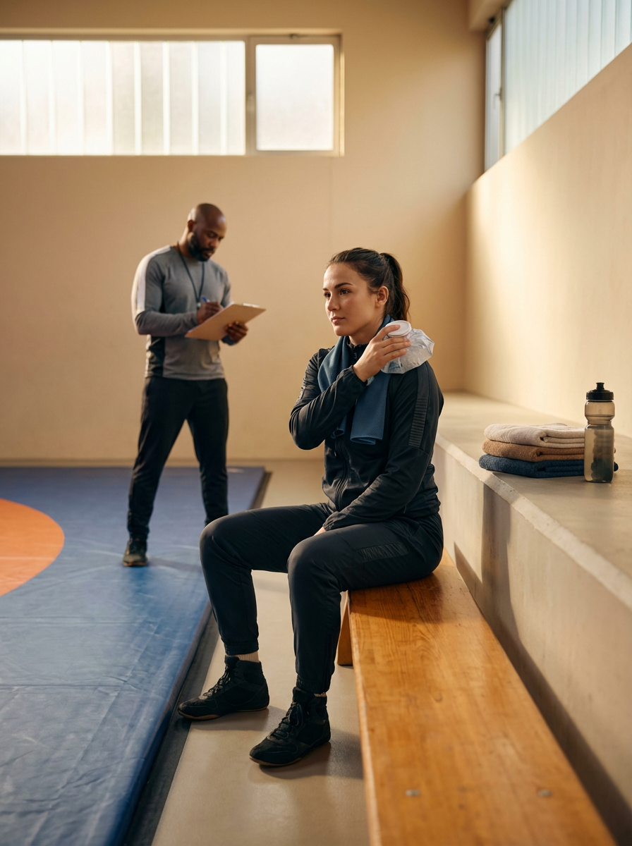 Female athlete sitting on a bench in gym, holding ice pack to neck, with sweat towels and water bottle nearby, while male trainer takes notes in background.