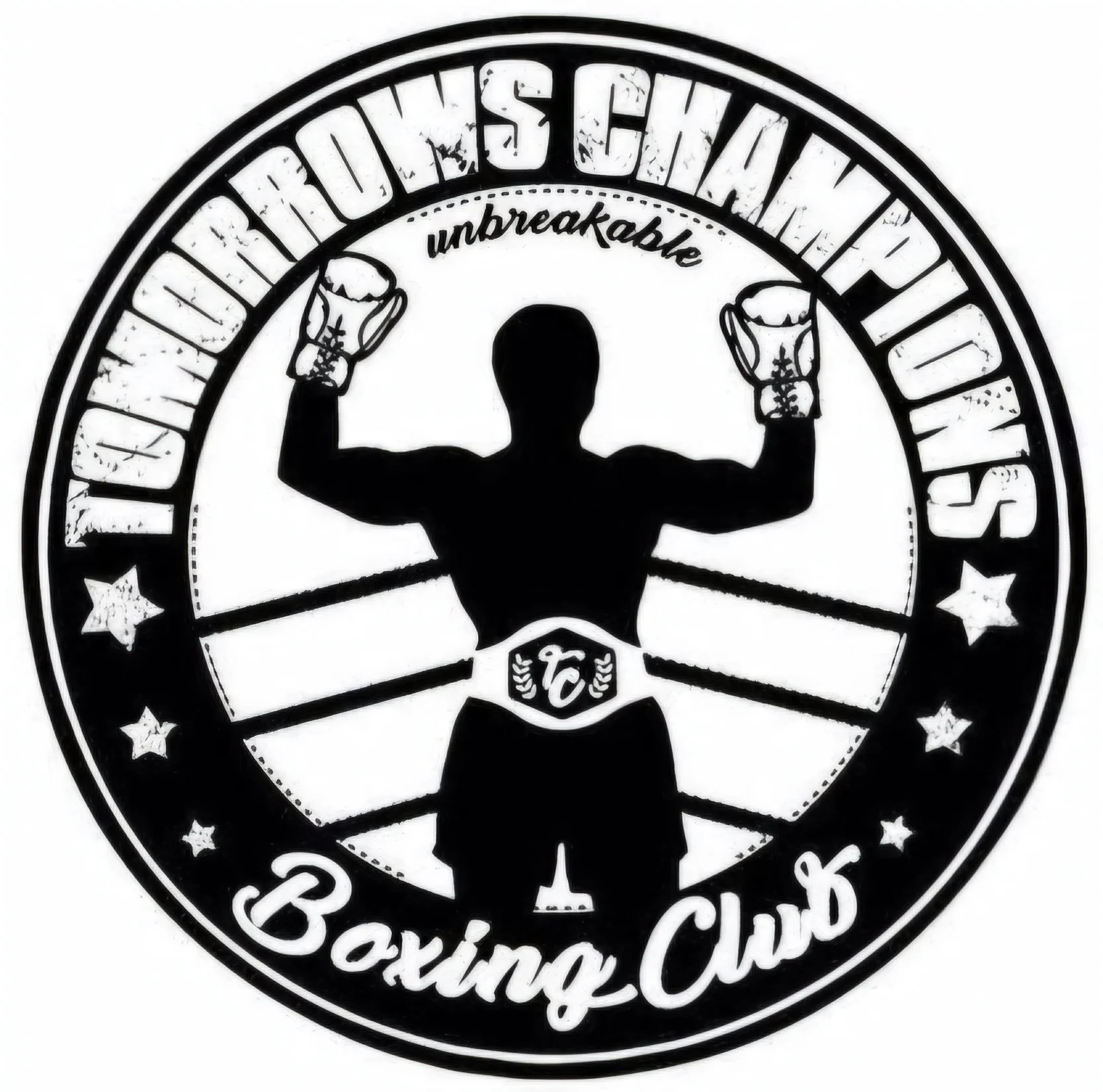 A black and white logo featuring a silhouette of a person with raised arms holding drinks, surrounded by circular text that reads 'TOMORROW'S CHAMPOINS BOXING CLUB' and 'Unbreakable' in script. NAMPA IDAHO