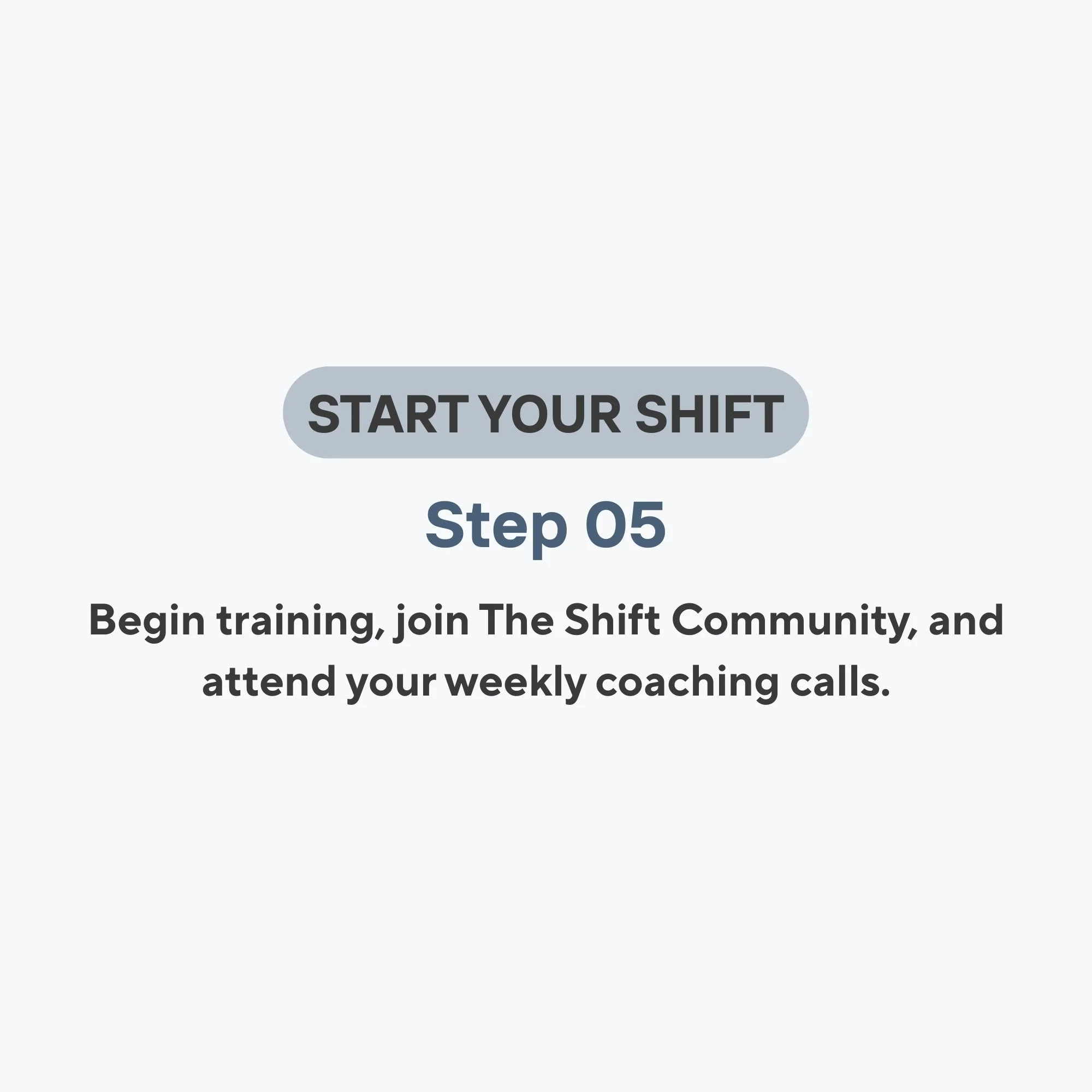 Screenshot of a mobile app screen with a large gray button labeled "START YOUR SHIFT" in black text and a step number "Step 05" below it, with instructions to begin training and attend weekly coaching calls.