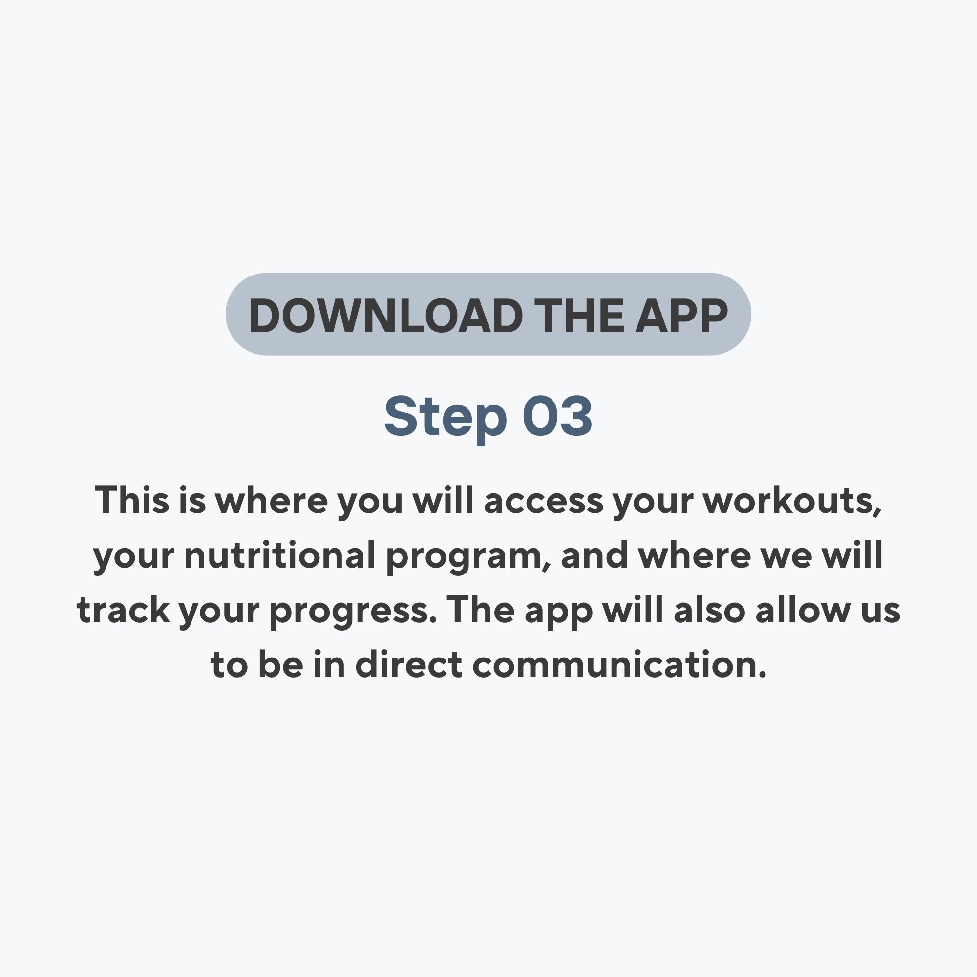 Instructional graphic with step 03 of a workout or nutrition plan, emphasizing downloading an app for workout or nutritional tracking, with text explaining where to access workout details and progress tracking.