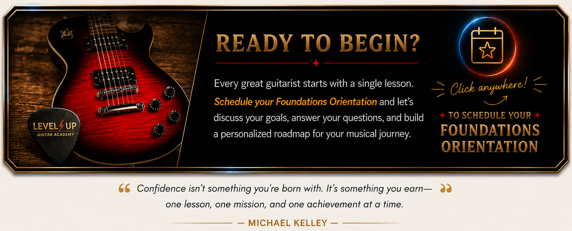 Level Up Guitar Academy banner inviting students to schedule a free guitar orientation lesson.
