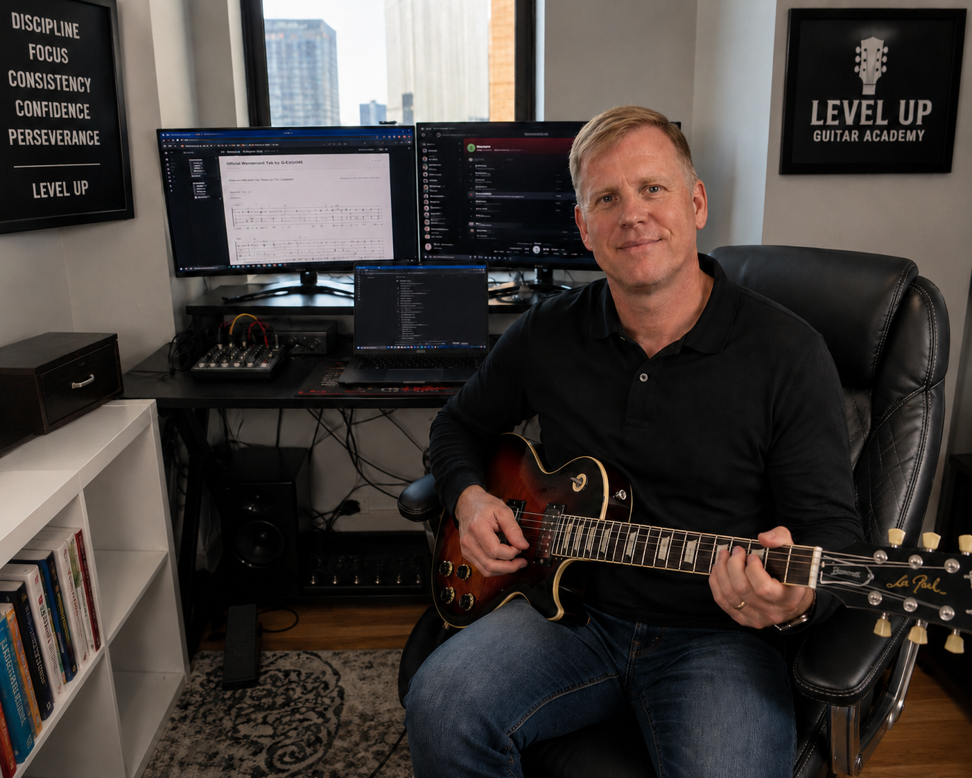 Man sitting in a black office chair playing an electric guitar in a music studio with multiple monitors, a keyboard, and audio equipment.