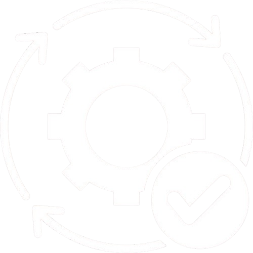 Icon of a gear with circular arrows around it and a checkmark in a circle, symbolizing system or process approval.