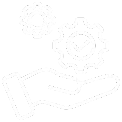 Outline of a hand with two gears, one with a checkmark, representing process management or configuration.