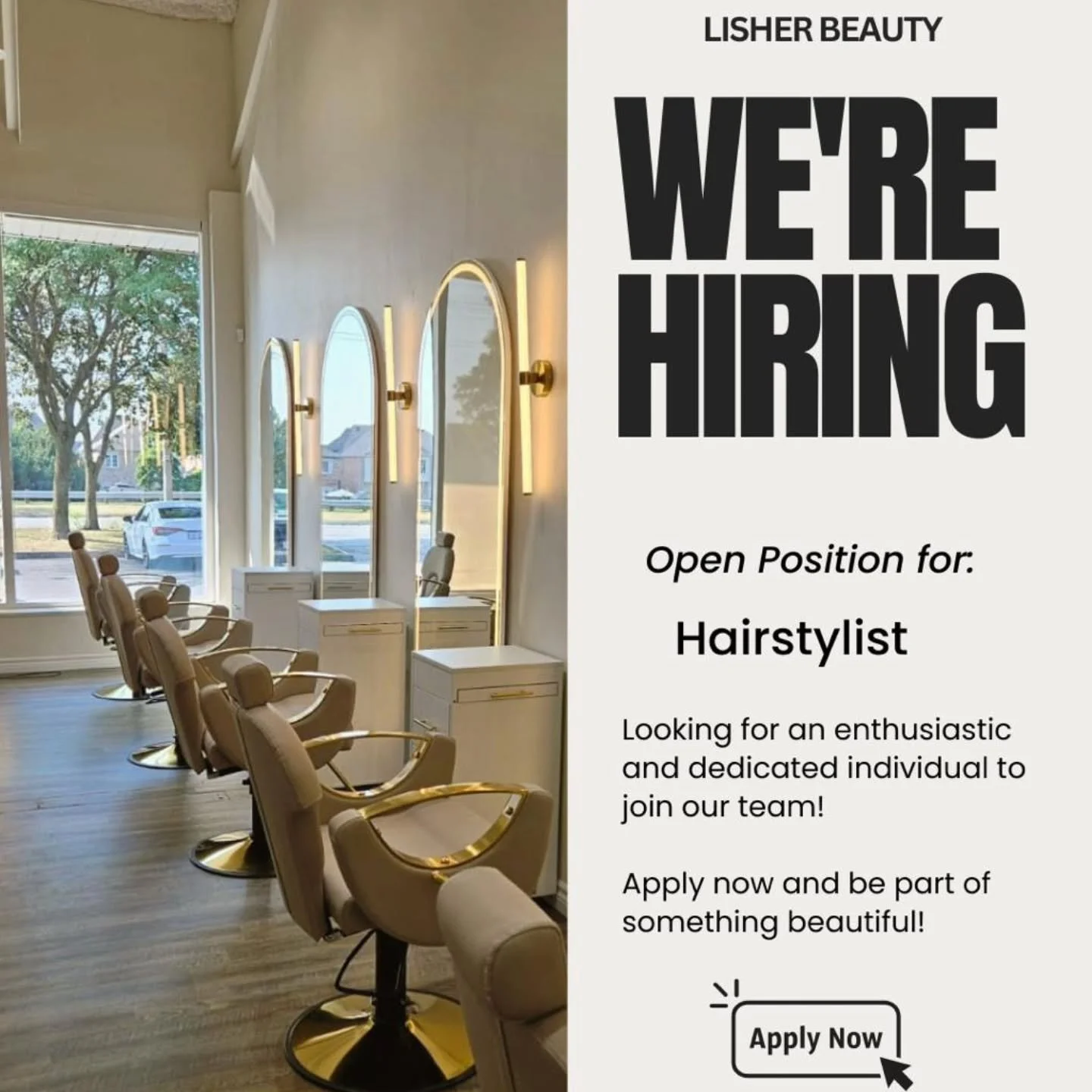 WE&rsquo;RE HIRING | HAIRSTYLIST

Lisher Beauty is growing, and we&rsquo;re looking for a passionate, talented hairstylist to join our team in Whitby!

If you love creating beautiful hair, providing exceptional client experiences, and want to grow in