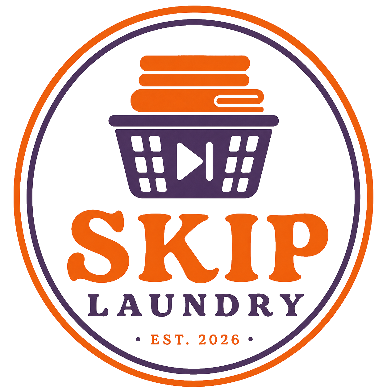 A circular logo for SKIP Laundry with a purple and orange color scheme, featuring a washing basket with a play button inside, and text indicating the name and establishment year 2026.