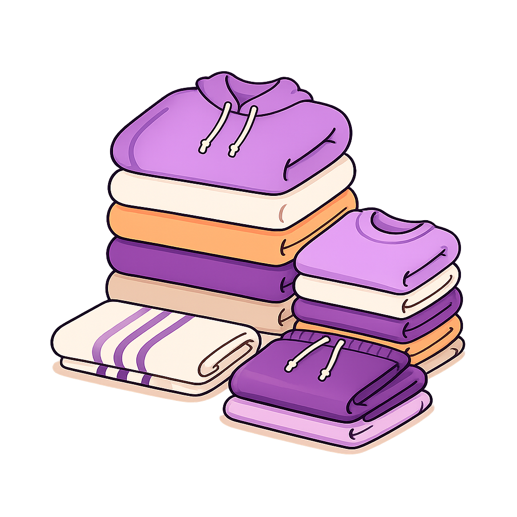 Stacked purple, orange, white, beige, and striped towels with folded hoodies in purple and white on top.